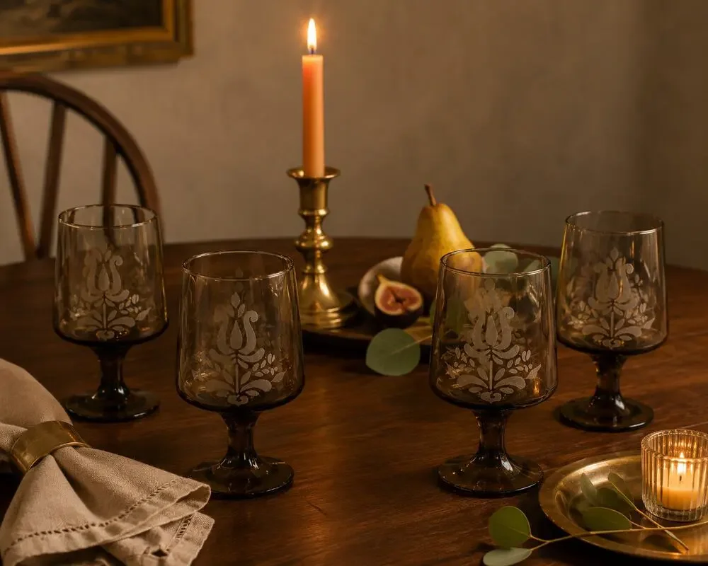 Vintage Pfaltzgraff Smoke Brown Etched Goblets Set of 4 USA